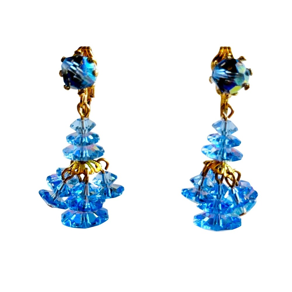 VTG Blue Margarita Aurora Borealis Crystal Earrings Dangle Clip Beaded Filigree